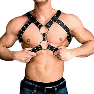 Men’s Studded real Leather Chest Harness – Double O-Ring Adjustable Strap