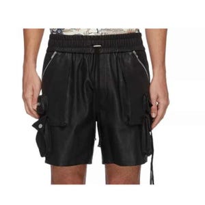 Men’s Elegant Lambskin Leather Cargo Shorts – Black, Premium Streetwear