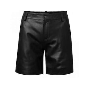 Men&#39;s Elastic Back Real Lambskin Black Leather Sports Shorts