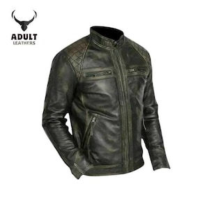 Men&#39;s cowhide black leather jacket distressed tanned soft bikers jacket