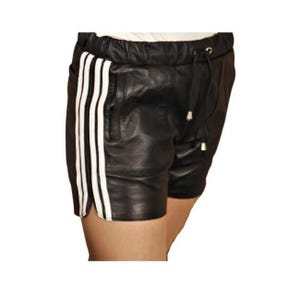 Men’s Black Lambskin Leather Sports Shorts – Side Striped Athletic Fit