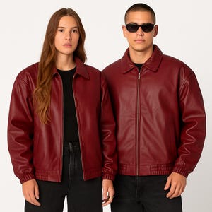 Red Genuine Leather Bomber Jacket: Retro 90s Oversized Coat