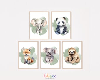 Cute Animal Posters Set Green, Neutral Nursery Wall Art, Kids Room Decor, Baby Animal Prints, Digital Download, Safari Zoo Prints, Printable