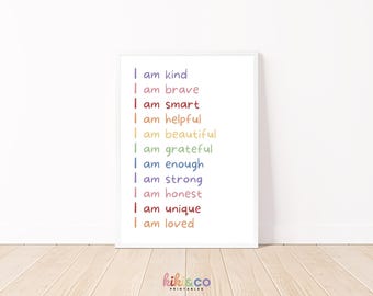 Rainbow Affirmations for Kids, Positive I Am Affirmations, Inspirational Nursery Decor Poster, Printable Wall Art Poster, Digital Download