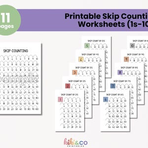 May include: A set of 11 printable skip counting worksheets for kids. Each worksheet features a different color and number, from 1 to 10, and includes a series of numbers to count by. The worksheets are designed to help children learn skip counting and develop their math skills.