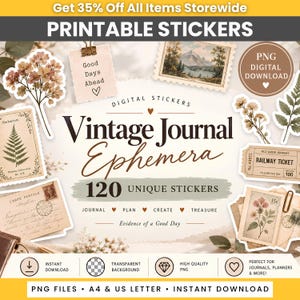 Può includere: Una collezione di 120 adesivi digitali stampabili con effimeri da diario vintage, tra cui illustrazioni botaniche, vecchi biglietti ferroviari, cartoline e ritagli di carta con il testo Good Days Ahead in formato PNG.