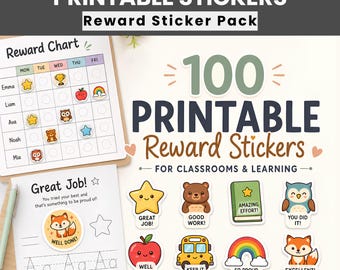 100 Printable Reward Stickers for Kids, Classroom Motivation Pack (PNG Digital Download)