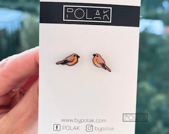May include: A pair of robin bird earrings on a white card. The earrings are brown and orange, with a black outline. The card has the brand name "POLAK" in a black rectangle at the top and bottom right. The website address is www.bypolak.com.
