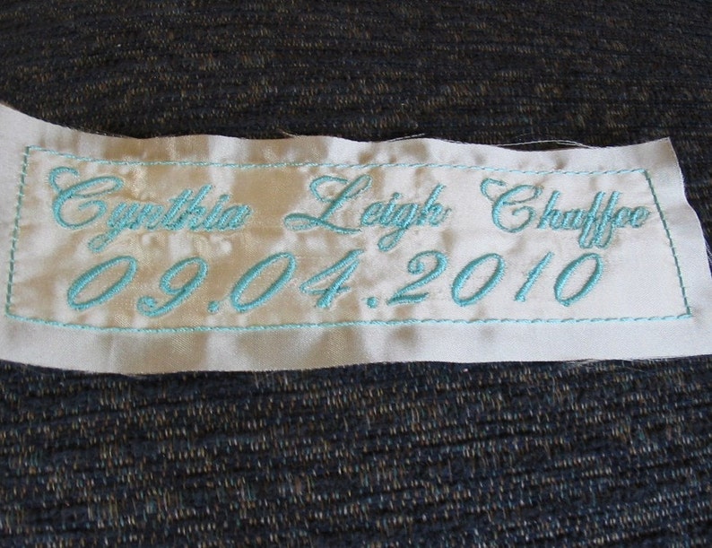 Something Blue Bride Wedding Label Custom Embroidered with your NAME &DATE on Satin Sewn inside your dress image 3