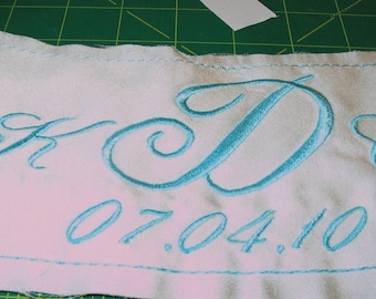 Something Blue - Bride Wedding Label  - Custom Embroidered with your NAME and DATE on Satin - Sewn inside your wedding dress