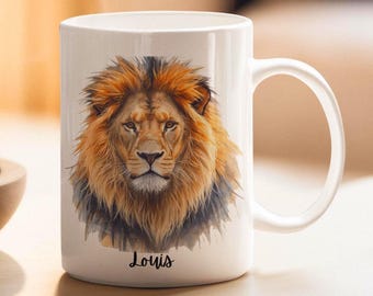 Personalized Lion Coffee Mug, Golden Mane Wildlife Art, Custom Name Gift