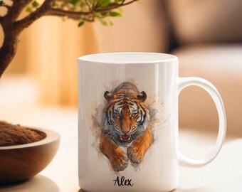 Personalized Leaping Tiger Mug, Big Cat Art, Custom Name, 11oz Ceramic