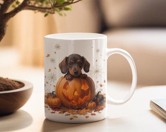 Dachshund Halloween Mug, Dog Pumpkin Design