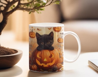 Taza de Halloween con gato negro, taza de café con calabaza, regalo otoñal para amantes de los gatos