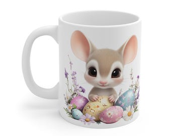Easter Mouse Coffee Mug: Pastel Eggs & Flowers, Spring Gift