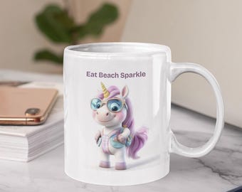 Summer Unicorn Coffee Mug: Eat Beach Sparkle, Coastal Vacation Gift