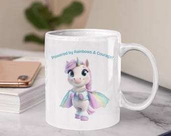 Pastel Superhero Unicorn Mug: Rainbows & Courage, Inspirational Coffee Cup