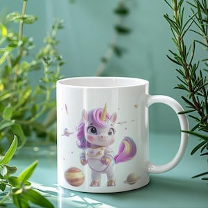 Grillige eenhoornmok met kosmisch ontwerp, babyastro-eenhoorn, schattig koffiekopje voor kinderen, verjaardagscadeau, magisch decor, mok fantasieliefhebber
