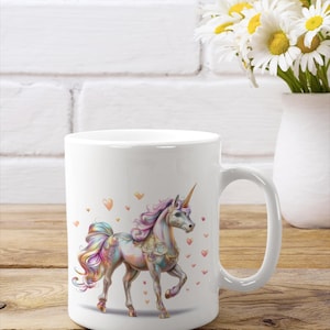 Pixar Style Whimsical Unicorn Mug,  11oz White Coffee Cup with Rainbow Floral Fantasy Design, Cute Magical Gift for Unicorn Fans