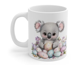 Koala Easter Mug, Floral Pastel Eggs, Spring Coffee Cup