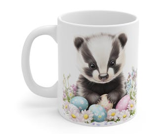 Baby Badger Easter Mug, Floral Spring Decor, Nature Lover Gift