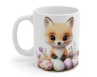 Baby Fox Mug: Easter Egg Floral Design, Spring Kitchen Decor