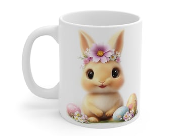 Bunny Easter Mug: Spring Floral Crown, Pastel Colors
