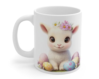 Easter Lamb Ceramic Mug, Springtime Coffee Cup, Kids Egg Hunt