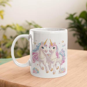 Twin Unicorn Mug 11oz White Coffee Cup with Pastel Fantasy Horses Cute Unicorn Sisters Gift for Girls, Best Friends or Kids