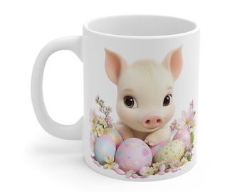 Baby Piglet Easter Mug: Spring Flowers, Pastel Coffee Cup