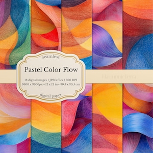 Könnte beinhalten: Eine Sammlung farbenfroher digitaler Papiere mit einem Pastellfarben-Flow-Design. Das Bild zeigt abstrakte Muster in Blau-, Orange-, Gelb- und Lilatönen. Der Text auf dem Bild lautet "Pastel Color Flow" und "digital paper". Jedes Bild ist 30,5 x 30,5 cm groß.