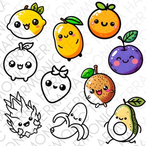 10 Früchte Datei Bundle | PNG, SVG, Ausmalbilder | Niedliche Obst Illustrationen zum Ausdrucken, Basteln & Design | Sofortiger Download