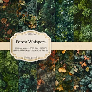 May include: A selection of seamless digital paper designs depicting forest scenes. The images display diverse green foliage, with touches of brown and orange leaves. The text on the image reads "Forest Whispers" and "digital paper". Each image is 30.5 x 30.5 cm.