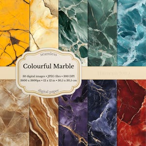 May include: A collection of seamless digital paper featuring colorful marble textures. The image showcases various colors, including yellow, green, blue, brown, purple, and red. The text on the image reads "Colourful Marble" and includes dimensions of 12 x 12 inches.