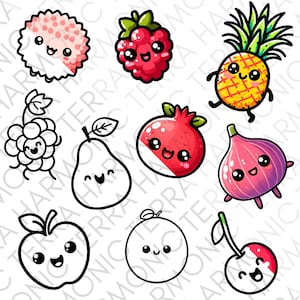 Pacchetto di 10 file di frutta | PNG, SVG, pagine da colorare | Simpatiche illustrazioni di frutta da stampare, creare e progettare | Download immediato