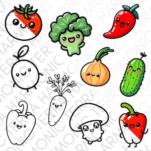 Könnte beinhalten: Eine Sammlung von Cartoon-Gemüse, darunter eine Tomate, Brokkoli, Chili, Bohne, Zwiebel, Gurke, Karotte, Pilz und Paprika. Jedes Gemüse hat ein lächelndes Gesicht und ist schwarz umrandet und farbig gefüllt.