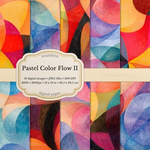 May include: A collection of digital paper with a seamless design. The artwork features abstract shapes in a variety of colors, including yellow, orange, blue, and purple. The text on the image reads "Pastel Color Flow II" and "digital paper". The dimensions are 12 x 12 inches.