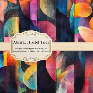 May include: Abstract pastel tiles digital paper with a seamless design. The image features a colorful, artistic pattern with a variety of shapes and colors. The text on the image says "Abstract Pastel Tiles" and "digital paper". The dimensions are 12 x 12 inches.