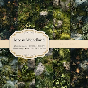 May include: A selection of seamless digital paper designs with a mossy woodland theme. The image displays diverse textures of moss, rocks, and foliage. The design includes 25 digital images, JPEG files, 300 DPI, 12 x 12 in (30.5 x 30.5 cm).