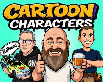 May include: Cartoon illustration featuring three men. The image has the text "CARTOON CHARACTERS" in yellow and black. One man holds a race car, another gives a thumbs up, and the third holds a glass of amber liquid.