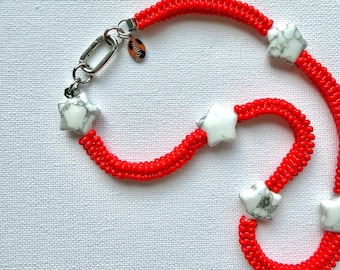 Matte Scarlet Beaded Choker, Howlite Star Necklace, Marble Effect Statement Jewelry