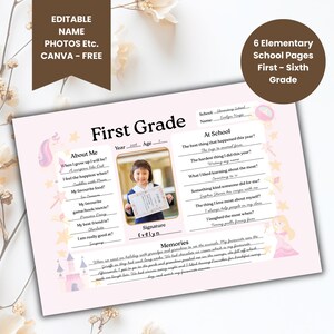May include: Pink printable first grade memory book with a unicorn and castle design. The book has sections for "About Me", "At School", and "Memories". There is a space for a photo and a signature.