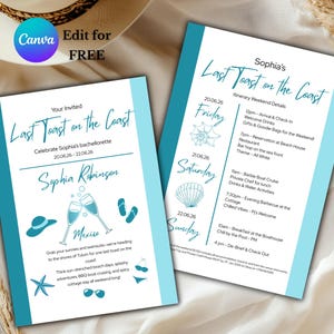 Last Toast on the Coast Bachelorette Invitation & Itinerary, Coastal Beach Bachelorette Party Template, Digital Bachelorette Itinerary
