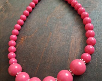 Chunky hot pink Bead Necklace – African Tribal Statement Piece – Large Ivory Sphere Necklace  – Minimalist Bridal Layering – Gift for Her