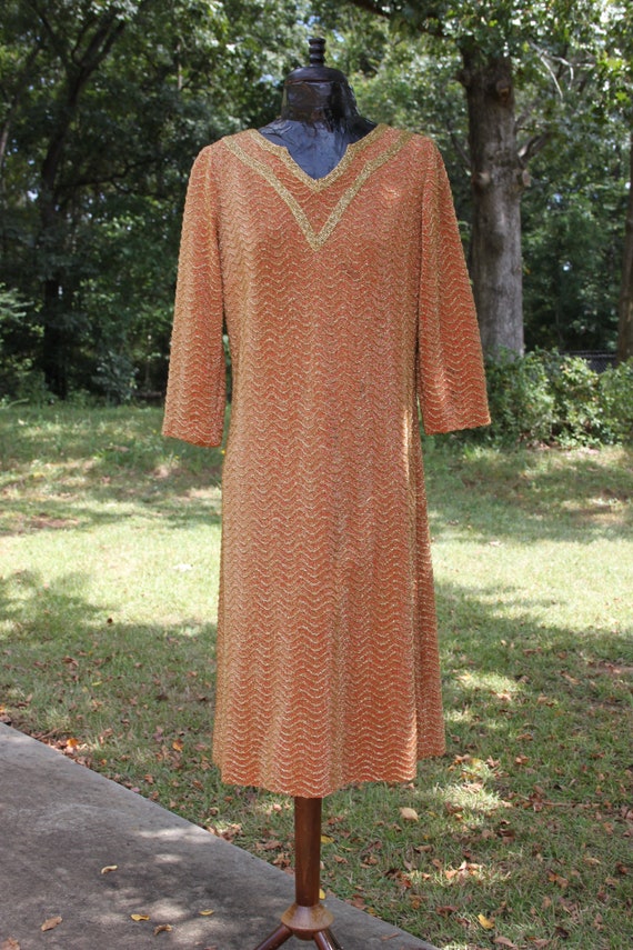 VTG 60's Gold Lurex Orange Knit Sheath Dress - image 2