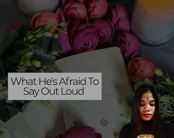 May include: An open book with the text "What He's Afraid To Say Out Loud" is surrounded by pink and purple roses, greenery, and lit candles. The words "SAMEDAY READING" are visible on a candle.