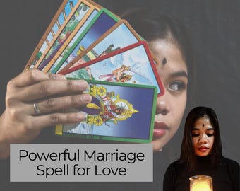 May include: A person holding a fan of tarot cards with colourful illustrations. The text "Powerful Marriage Spell for Love" is displayed below the cards. The words "SAMEDAY READING" are in the top right corner.
