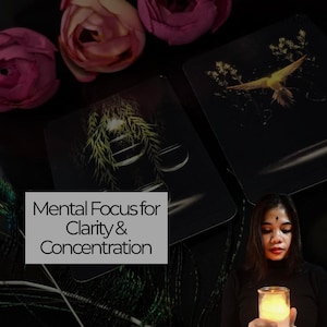 May include: Two tarot cards with illustrations of a bird and foliage are displayed. The text "Mental Focus for Clarity & Concentration" is on a gray rectangle. Pink roses and peacock feathers are in the background.