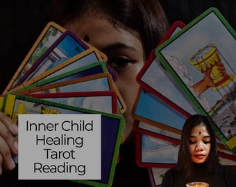 May include: A person holding a fan of tarot cards with colorful borders and illustrations. The text "Inner Child Healing Tarot Reading" is displayed on a gray rectangle. A lit candle is held in front of the person.