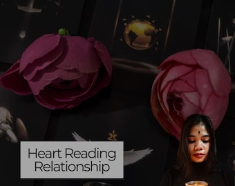 May include: A dark image featuring two deep pink flowers and a woman holding a lit candle. The text "Heart Reading Relationship" is displayed on a white rectangle. The background includes tarot cards.